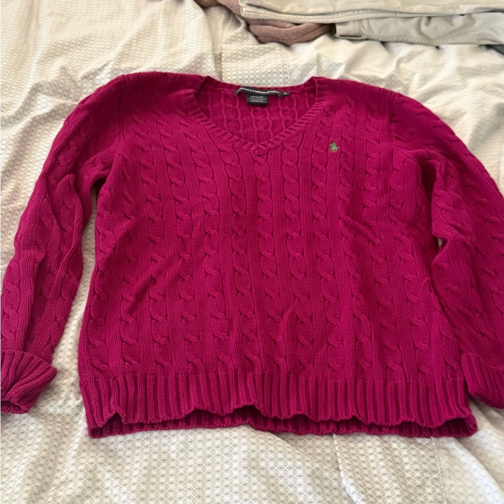 Ralph Lauren Women’s Bright Fuchsia Cable-Knit V-Neck Sweater